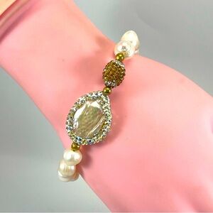 Freshwater Pearl Beaded Baroque Pearl AB Rhinestone Stretch Bracelet Bridal